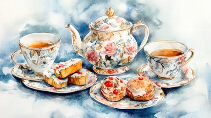 Fototapeta premium Watercolor illustration of British afternoon tea,tea break in the English style,tea set with Afternoon tea stand with macaroons and scone,cake,cup of tea,Tea time dessert table,vintage style.