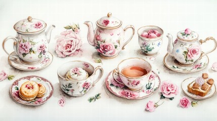 Watercolor illustration of British afternoon tea,tea break in the English style,tea set with Afternoon tea stand with macaroons and scone,cake,cup of tea,Tea time dessert table,vintage style.