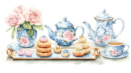 Fototapeta premium Watercolor illustration of British afternoon tea,tea break in the English style,tea set with Afternoon tea stand with macaroons and scone,cake,cup of tea,Tea time dessert table,vintage style.