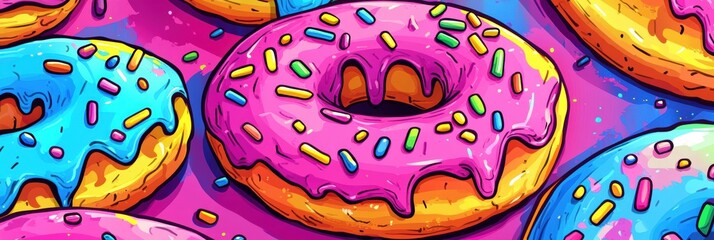 Colorful cartoon donuts with rainbow frosting and sprinkles create a playful pop-art experience full of joy and sweetness