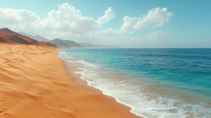 Sunny desert beach with turquoise ocean waves and mountains.