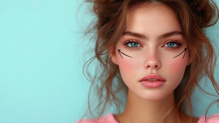 Fototapeta premium Young woman with arrows on face, spa skincare concept, soft lighting, minimalistic background.