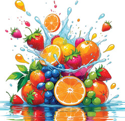 Fresh Fruit in water Splash  Vector