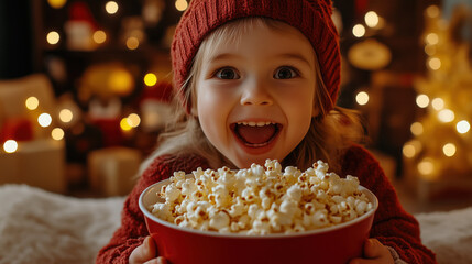 Naklejka premium a young child excitedly holding a big bowl of popcorn while watching a holiday film with family