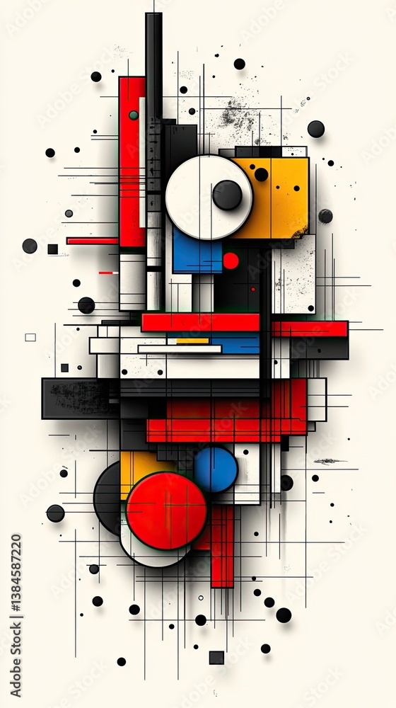 Poster abstract geometric composition featuring bold colors and dynamic shapes on a light background