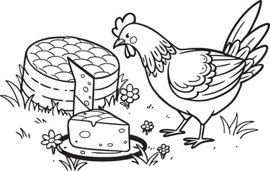 Farmyard Scene with Chicken and Cheese – Black and White Illustration, Rural Farm Life Drawing – Hen, Cheese, and Pie Sketch, Vintage Farm Animal Clipart – Hand-Drawn Chicken and Food