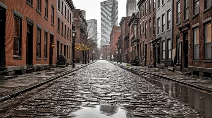  Narrow cobblestone street between old brick buildings © Diki prayoga