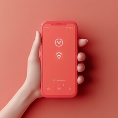 A hand holding a modern smartphone with a vibrant red case, displaying Wi-Fi connectivity icons on a matching red background, symbolizing connectivity and modern technology.