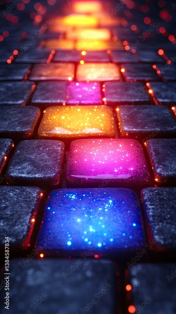 Poster vibrant glowing cobblestones illuminate a pathway with colorful lights in a mystical setting