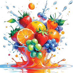 Colorful Splash of Fresh Fruits in Watercolor Style with Juice Burst Effect