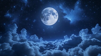 Fototapeta premium Glowing full moon in night sky with clouds and stars image