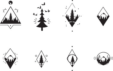 geometric mountain and tree silhouette design,