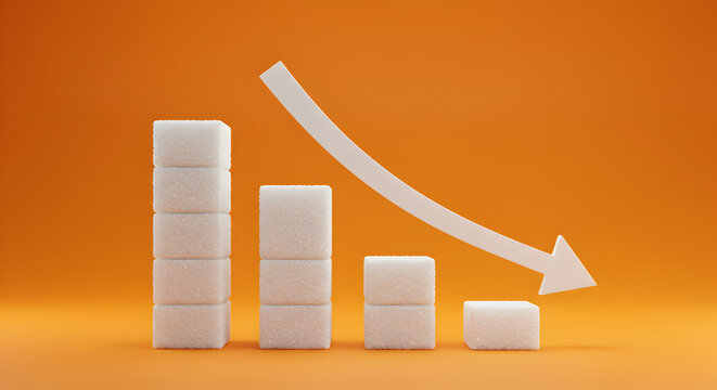 Falling Sugar Cube Chart on Orange Background Displaying Reduction in Consumption and Health Awareness