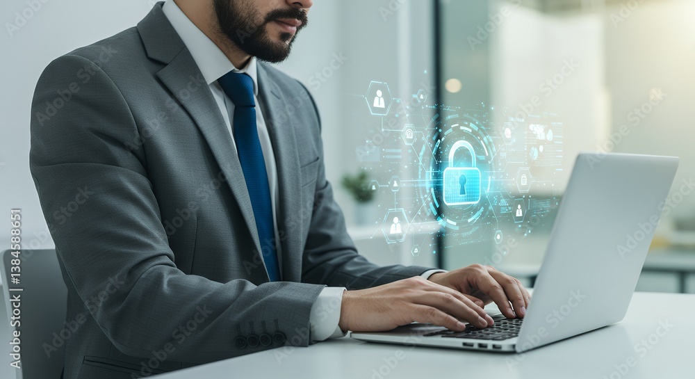 Poster cybersecurity professional ensuring data protection and privacy through secure online practices