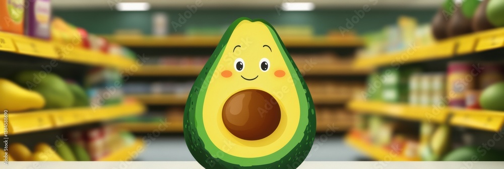 Poster cheerful cartoon avocado character in a vibrant grocery store setting with playful features and brig