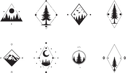 geometric mountain and tree silhouette design,