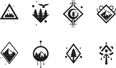 geometric mountain and tree silhouette design,