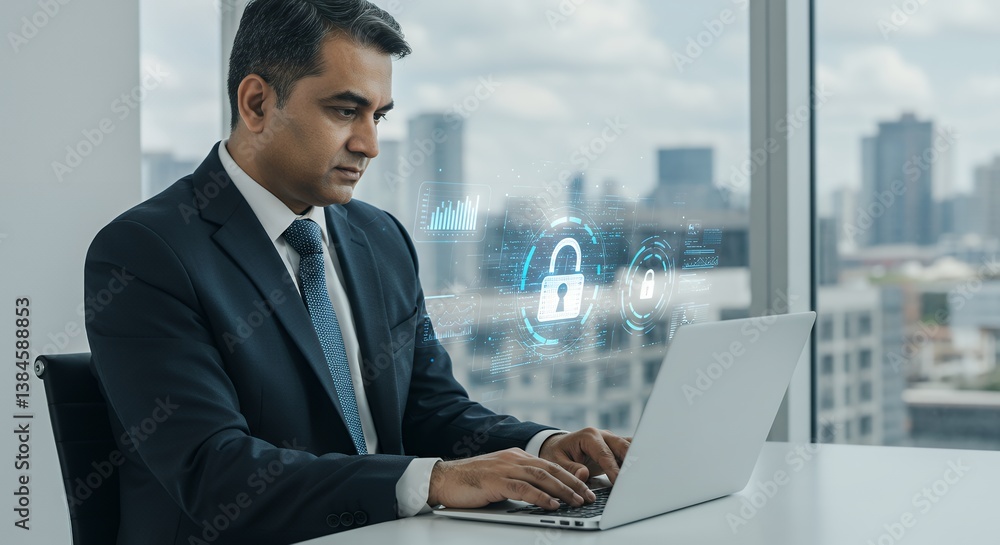Aufkleber cybersecurity professional working on laptop with data security hologram in modern office setting