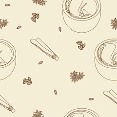 Editable Outline Style Vector Illustration Seamless Pattern of Indian Masala Chai in Pottery Cup with Assorted Herb Spices for Creating Background of Beverages With South Asian Culture and Tradition