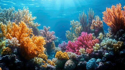 Fototapeta premium Vibrant Coral Reef Underwater Scene: A Breathtaking View of Marine Life and Biodiversity in a Pristine Ocean Ecosystem