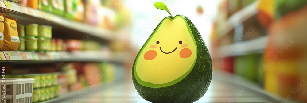 Poster playful oversized cartoon avocado with fun features in a cheerful grocery store setting