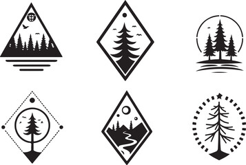 geometric mountain and tree silhouette design,