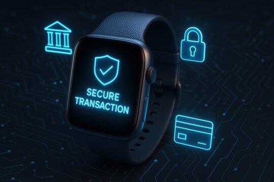 Secure Transaction: A cutting-edge smartwatch showcases a secure transaction interface with an eye-catching design. A digital icon displays in a smart technology.