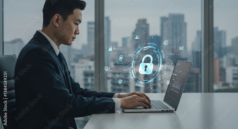 Poster cybersecurity professional working on laptop with digital security hologram, protecting data in mode