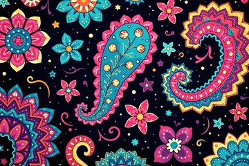Bold, stylized paisley print with contrasting colors and sharp lines, graphic, contrast, art