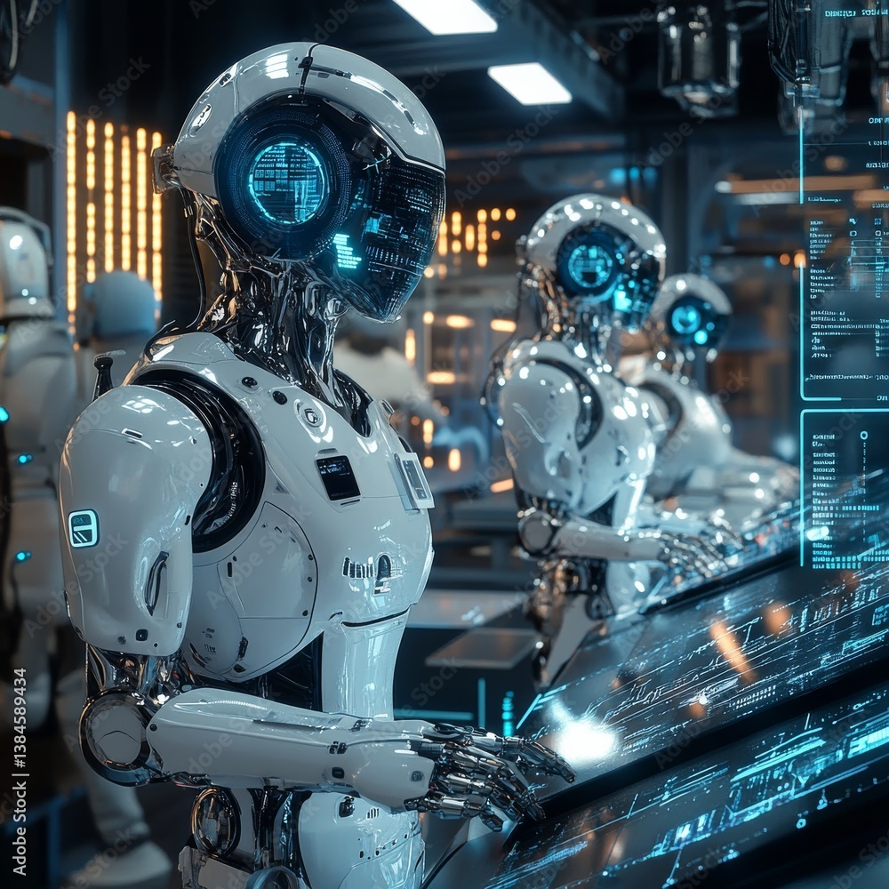 Fototapete automated assembly line: a lineup of advanced white robots interacting with complex holographic comp