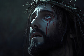 Dramatic digital artwork of Jesus wearing the crown of thorns, with tears in his eyes and a soft blood stain on his forehead