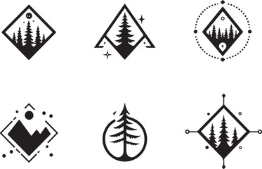 geometric mountain and tree silhouette design,