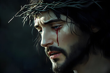 Dramatic digital artwork of Jesus wearing the crown of thorns, with tears in his eyes and a soft blood stain on his forehead