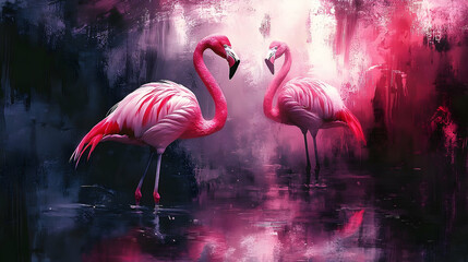 Two pink flamingos standing together in a serene artistic representation