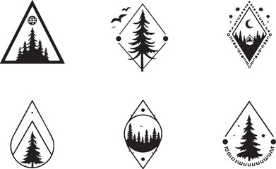 geometric mountain and tree silhouette design,