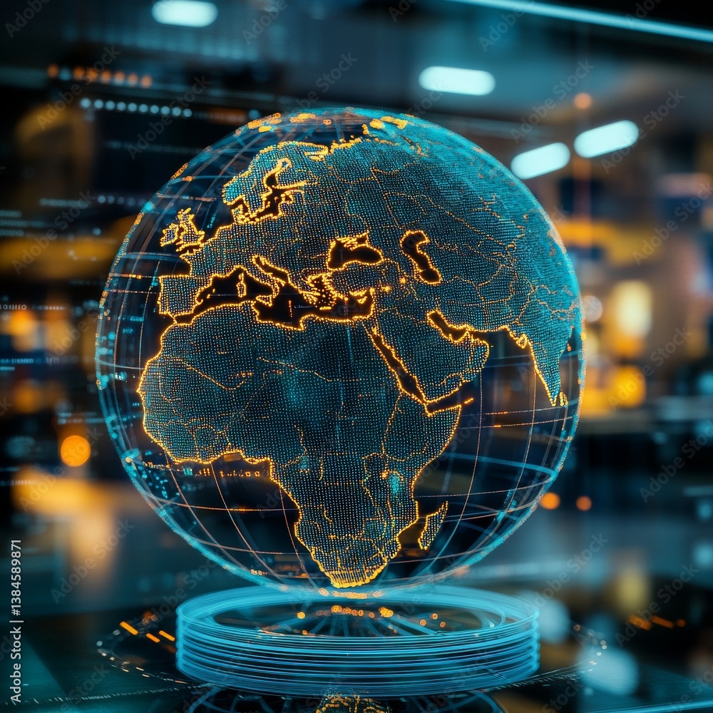 Poster digital globe hologram: futuristic representation of earth's connectivity and global network