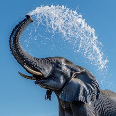 Naklejka premium Cooling Down: An Elephant Splashes Water on Itself on a Bright Sunny Day in its Natural Habitat