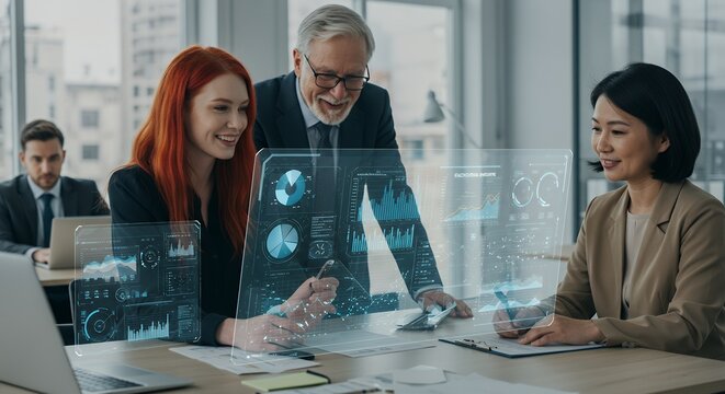 Modern Business Team Collaborating on Futuristic Holographic Interface Analyzing Data Charts and Graphs in Office Setting
