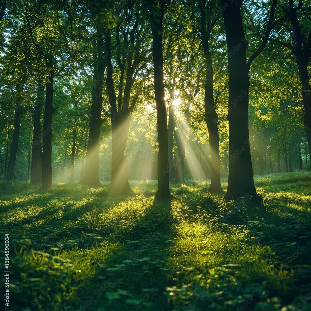 Poster Enchanting Forest Glade: Sunlight Filtering Through Lush Green Trees, Creating a Magical and Serene Woodland Scene 