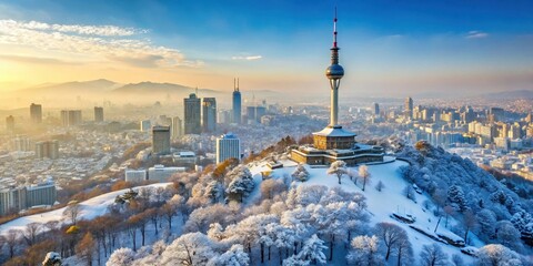 Obraz premium Snow-covered Seoul Tower in winter, Korean architecture