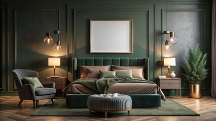 A dark green mockup frame with a cozy bed in the background