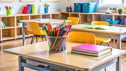 Classroom desk with supplies like pens pencils markers notebooks and folders