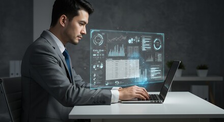 Businessman Analyzing Data on Futuristic Holographic Interface Laptop Screen