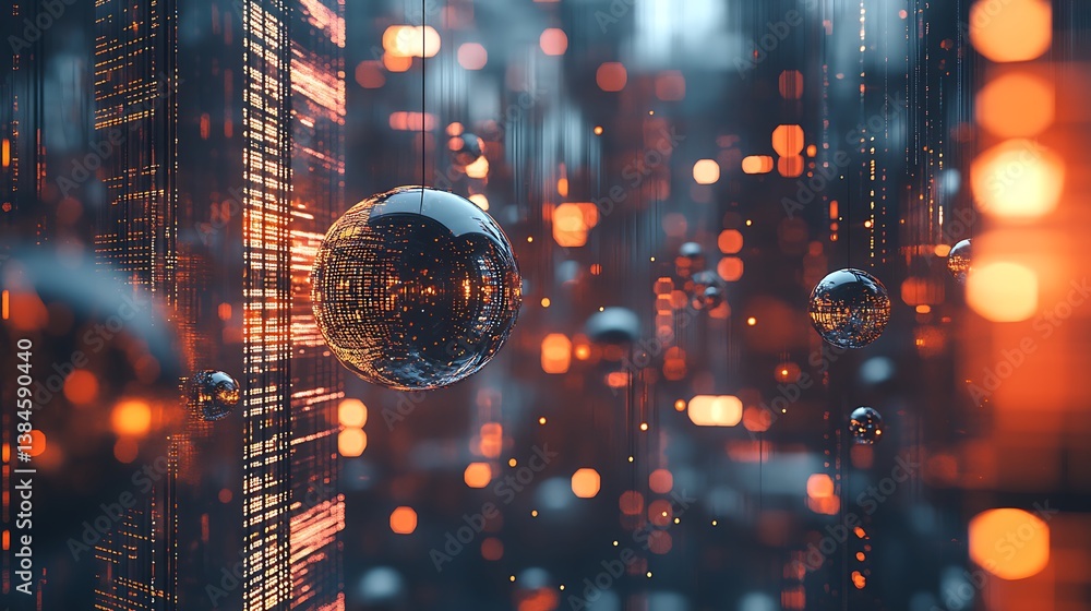 Poster abstract cyberpunk cityscape with digital rain reflective spheres for technology data network modern