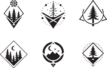 geometric mountain and tree silhouette design,