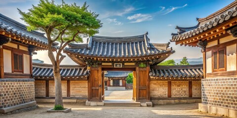 Obraz premium Ancient Korean wooden gateway surrounded by traditional tile roof buildings with a small tree in front and an eastern dormitory behind, east dormitory, ancient gateway