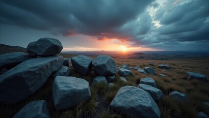 Stormy landscape with large boulders scattered across grassy plain at sunset	