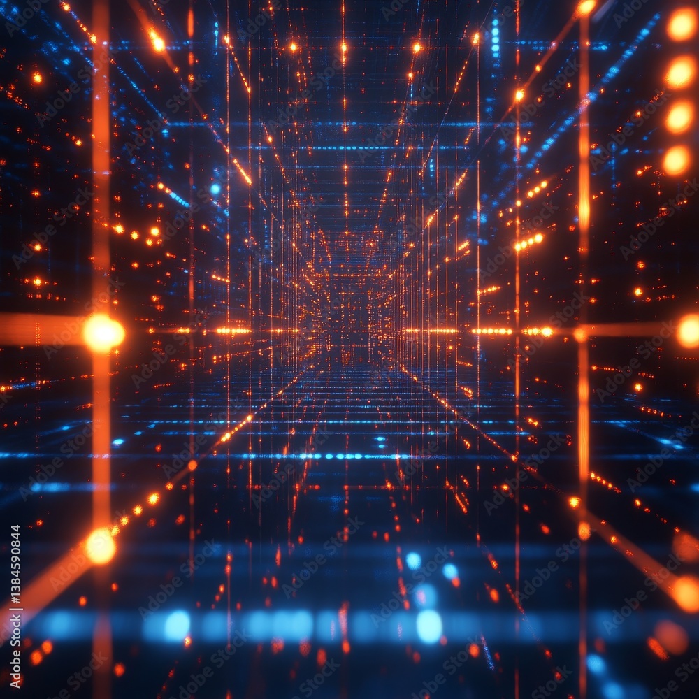 Poster neon grid perspective: a corridor of digital data with glowing orange and blue lights