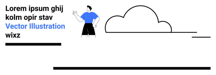 Man stands near cloud shape with minimal text and clean lines, emphasizing minimalism. Ideal for technology, networks, cloud storage, business, simplicity, modern web design, simple landing page