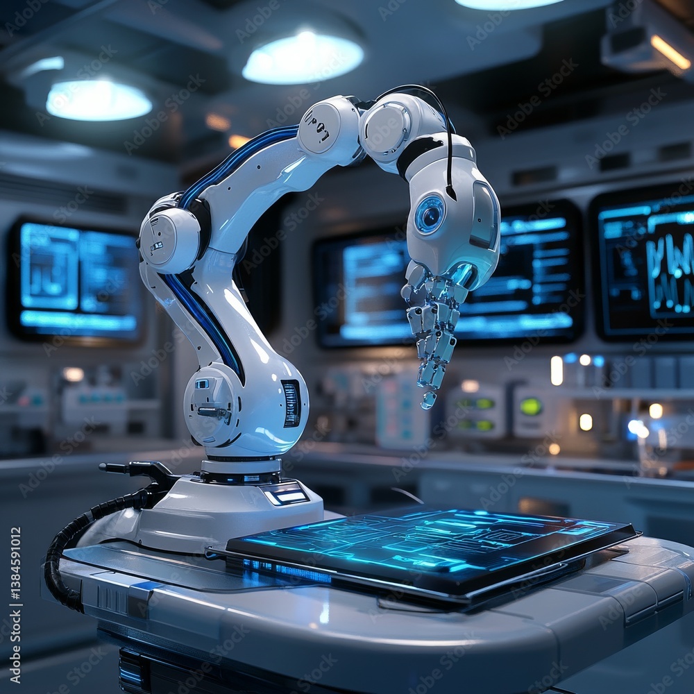 Poster robotic arm in advanced lab: precision robotics for research and development with digital display in